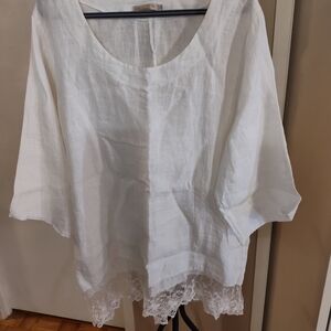 Women's White Linen Scoop Neck Tunic with Lace Hem